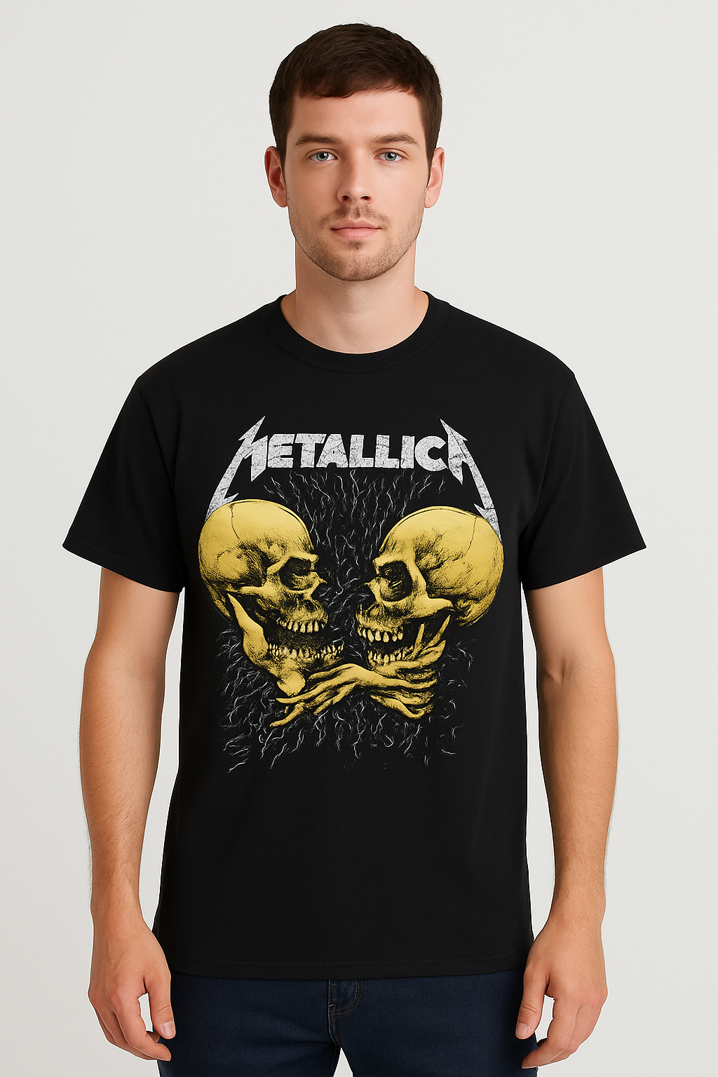 Unisex Rock Band Graphic T-Shirt – Vintage Skull Handshake Print, Black Short Sleeve