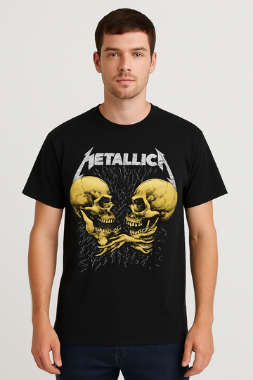 Unisex Rock Band Graphic T-Shirt – Vintage Skull Handshake Print, Black Short Sleeve
