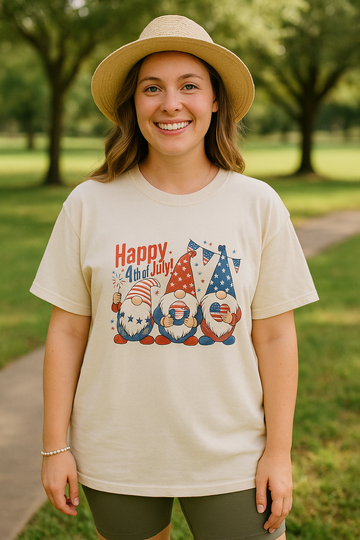 Women’s 4th of July Graphic T-Shirt – Patriotic Gnomes Print, Short Sleeve Tee