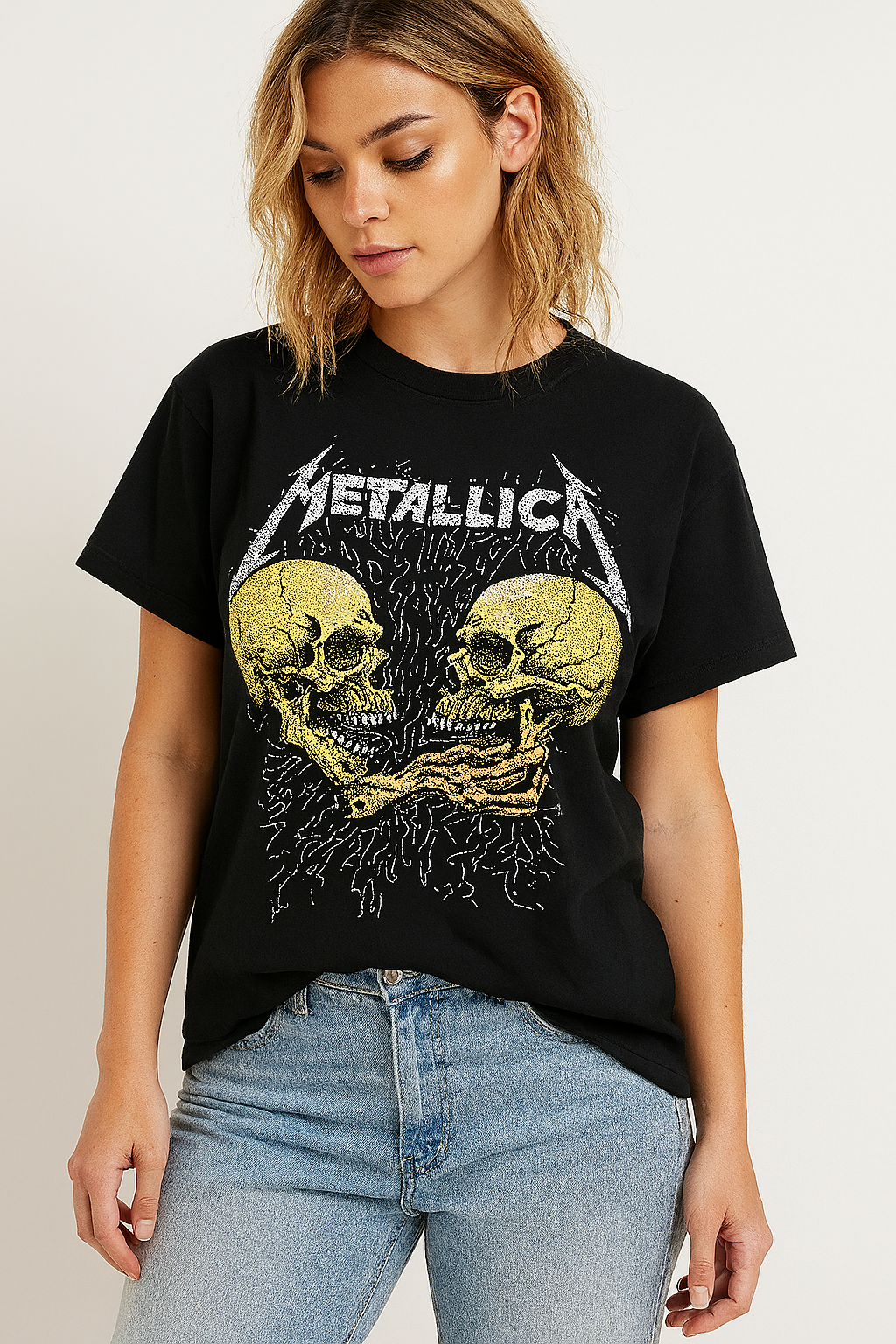 Unisex Rock Band Graphic T-Shirt – Vintage Skull Handshake Print, Black Short Sleeve