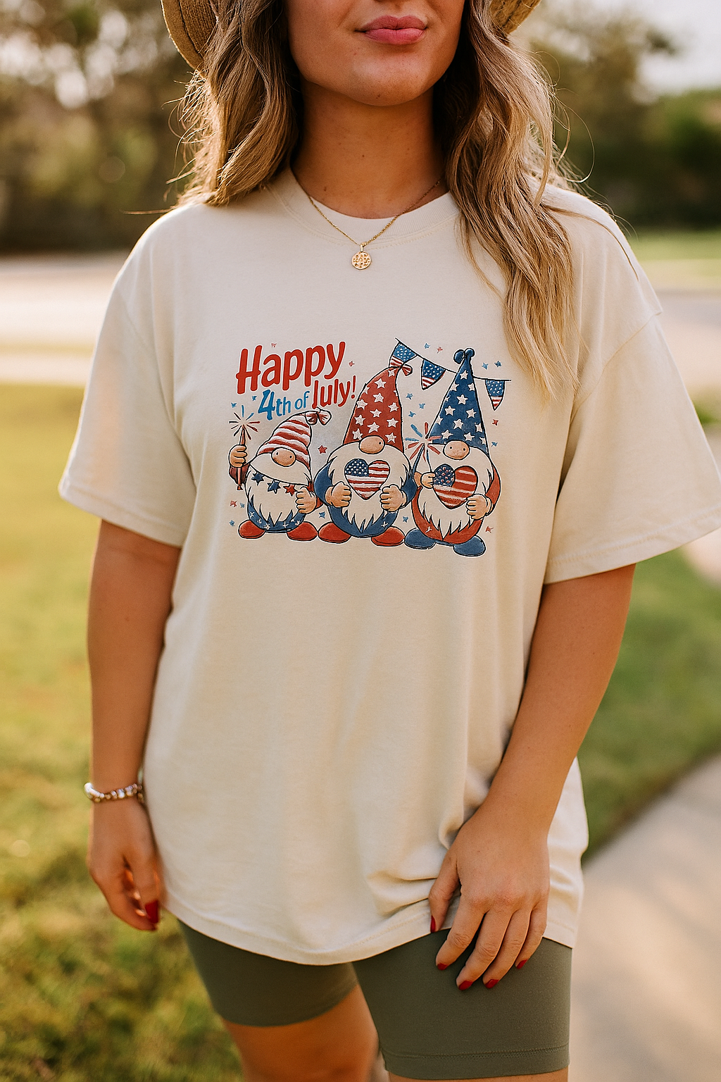 Women’s 4th of July Graphic T-Shirt – Patriotic Gnomes Print, Short Sleeve Tee
